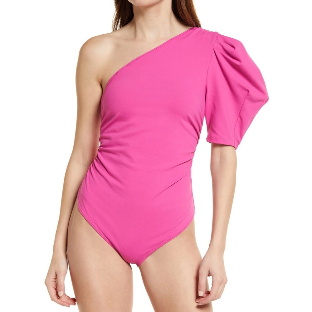 NEW Free People Somethin Bout You Pink One Shoulder Puff Sleeve Bodysuit Women S